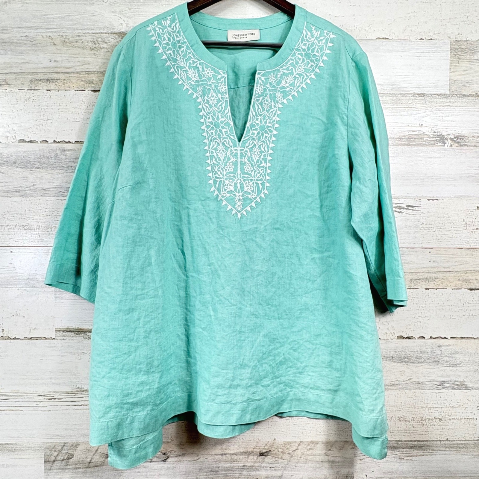 Jones New York Linen Tunic Women 3x Aqua Blue 3/4 Sleeve Embroidered Cottagecore